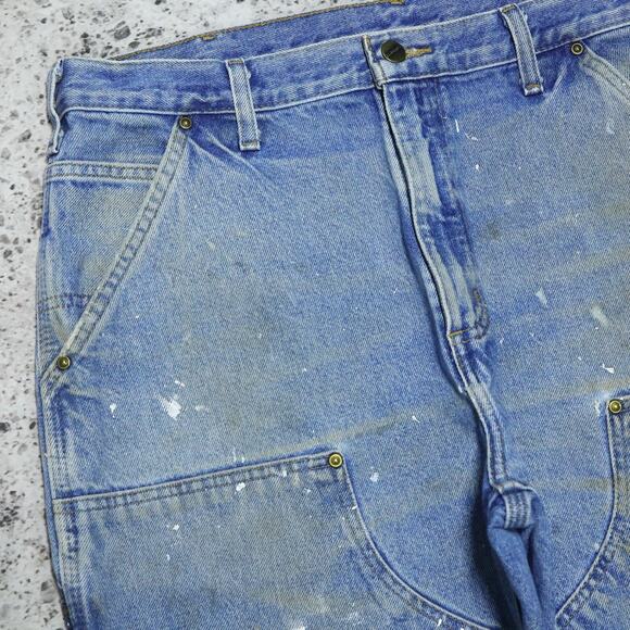 THRASHED Vintage Carhartt B73 DST Faded Blue Jeans Denim Double Knee Pant 34x31 - Picture 6 of 16